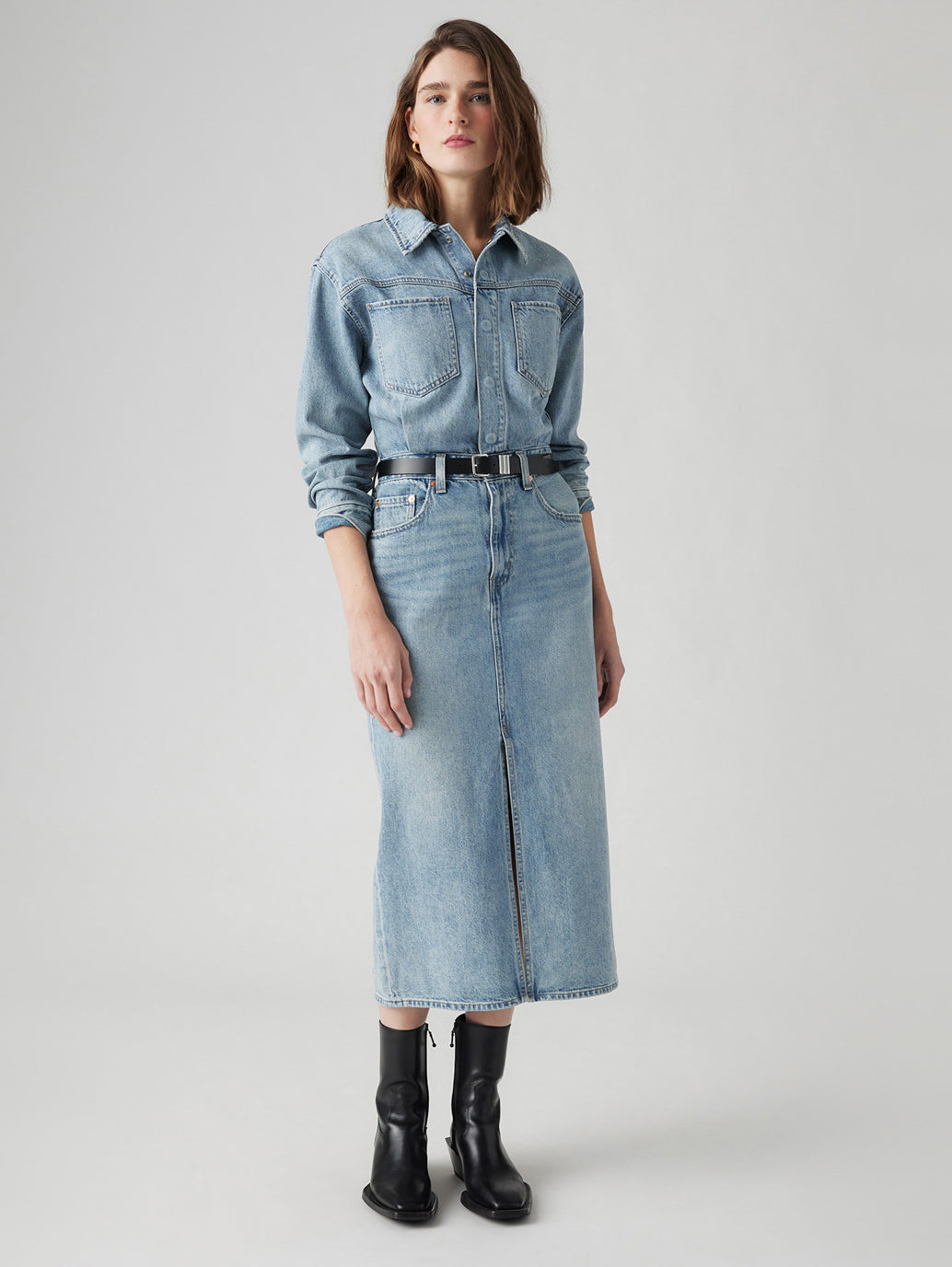 Women's Solid Blue Spread Collar Denim Dress - 71b57723-8b47-4af6-9420-c685bd5212aa View