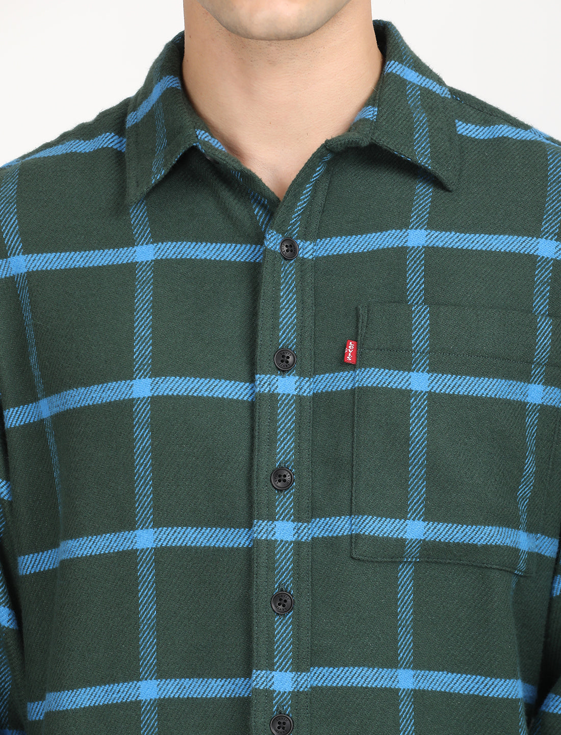 Men's Checkered Dark Green Spread Collar Shacket - Detail View