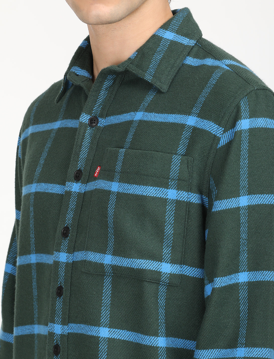 Men's Checkered Dark Green Spread Collar Shacket - Detail View