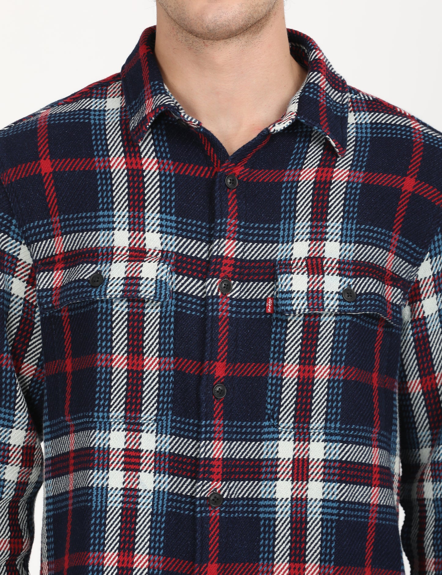 Men's Plaid Navy Spread Collar Shacket - deatil View