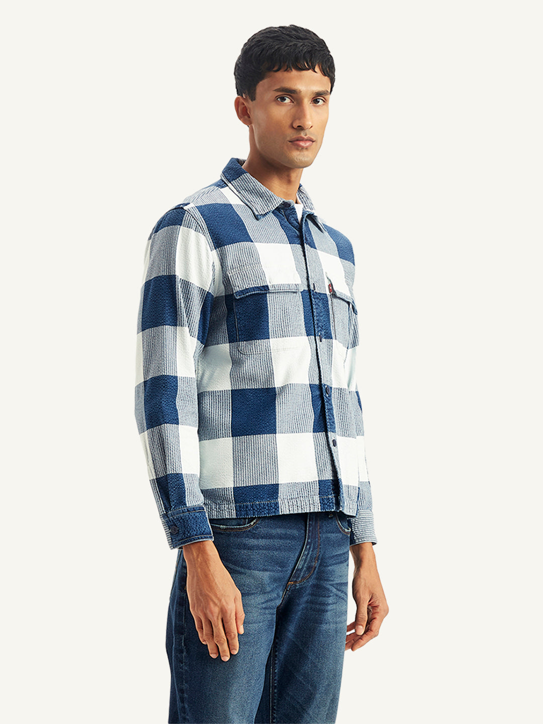 Men's Checkered White Spread Collar Shacket - Side View