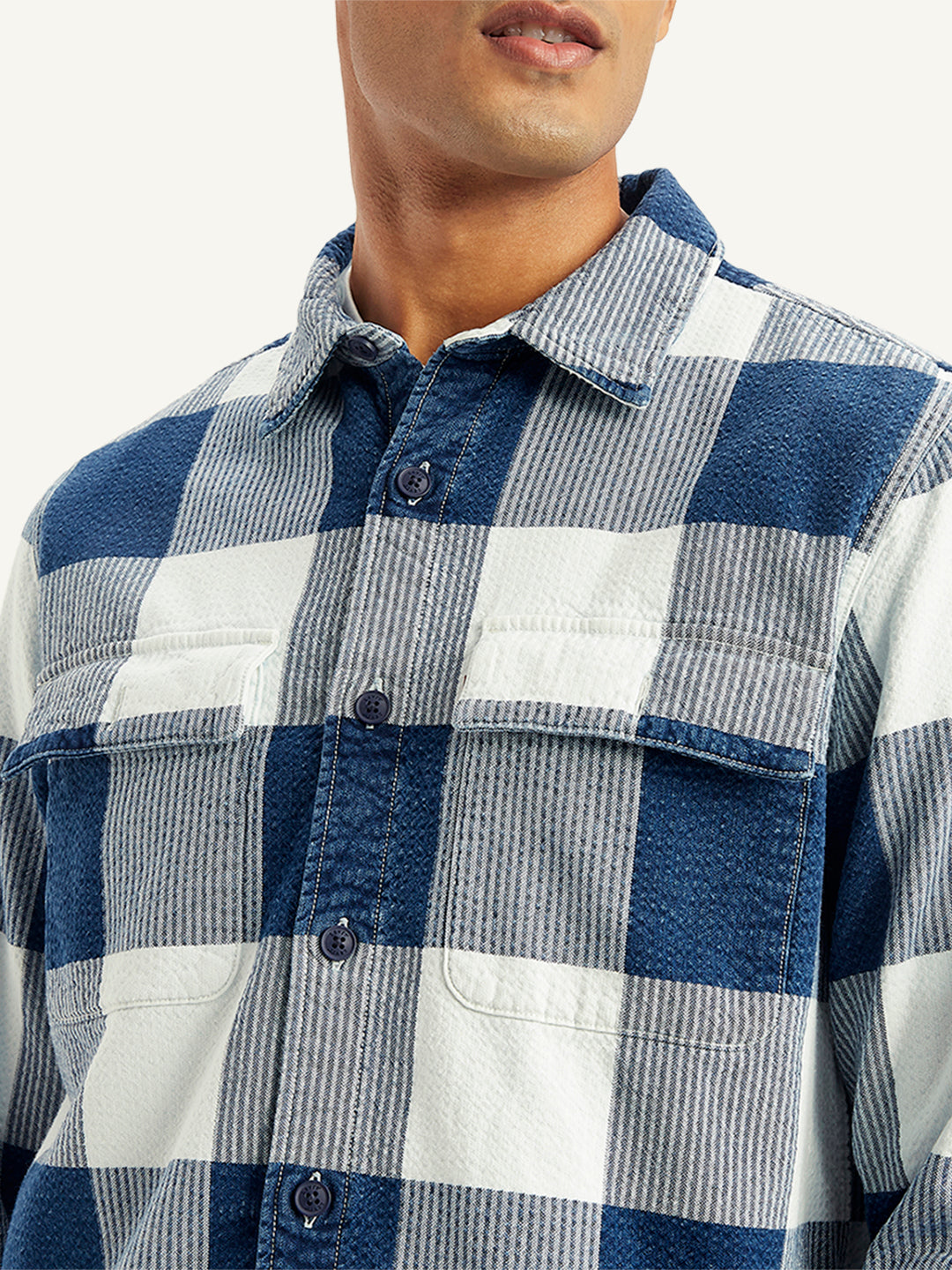 Men's Checkered White Spread Collar Shacket - Detail View
