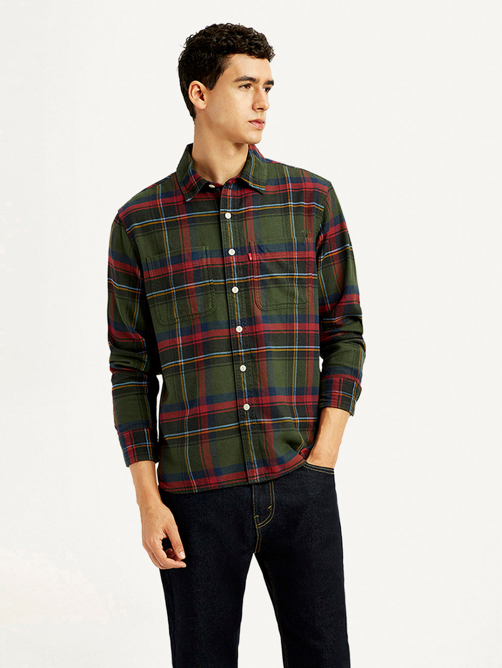 Men's Plaid Multicolor Spread Collar Flannel Shirt - Front View