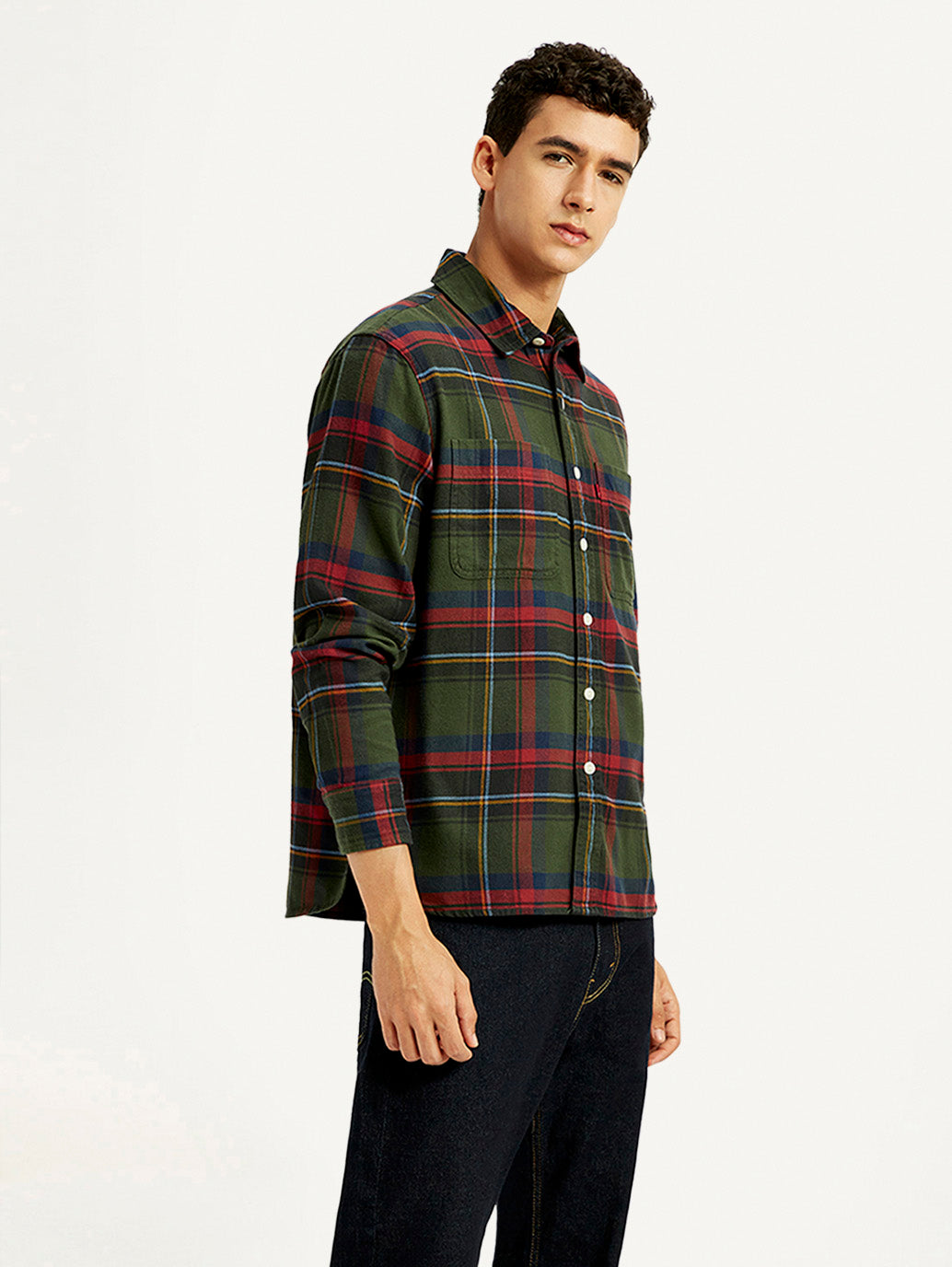 Men's Plaid Multicolor Spread Collar Flannel Shirt - Side View