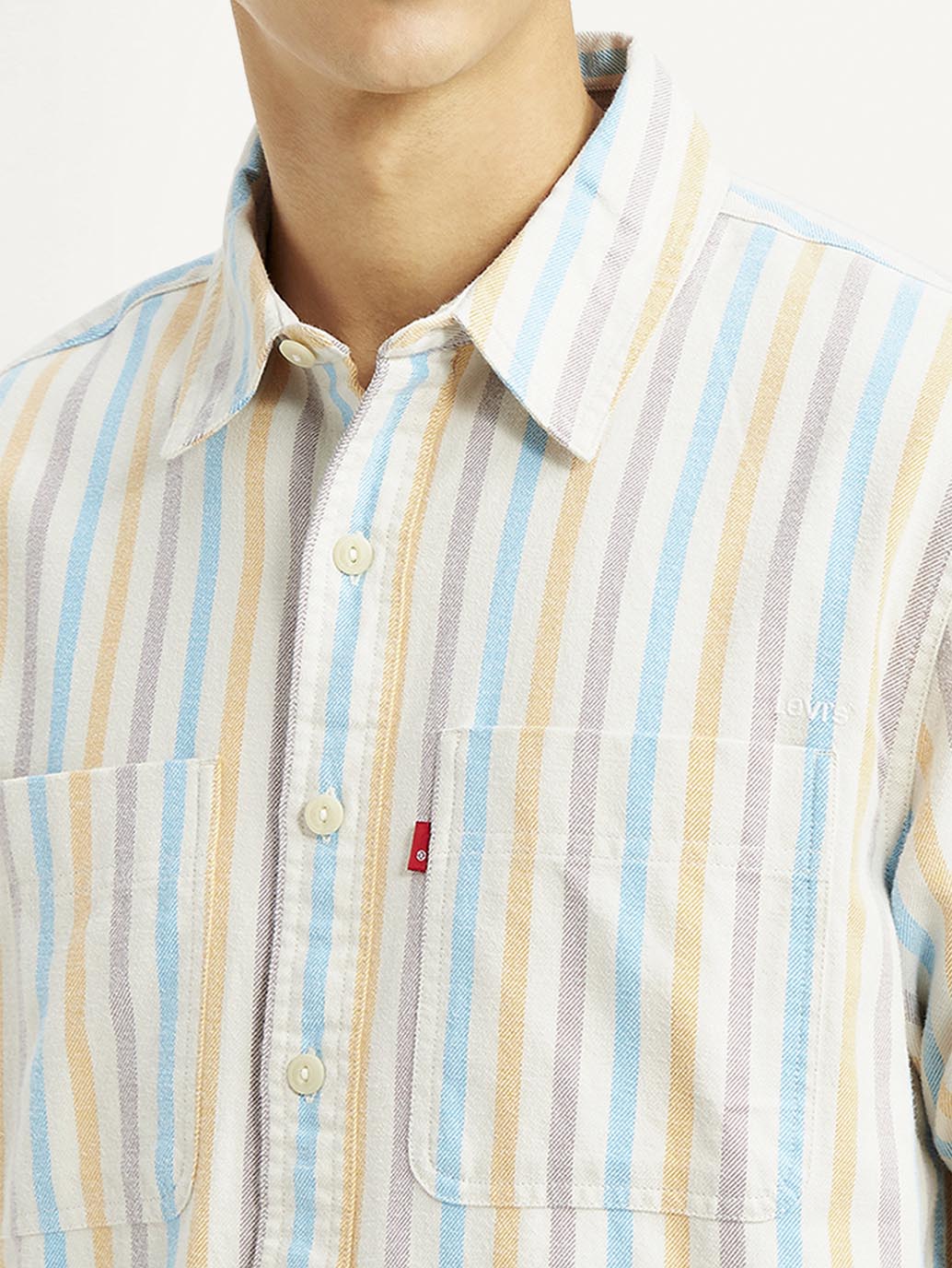 Men's Striped Multi Color Spread Collar Flannel Shirt - Detail View