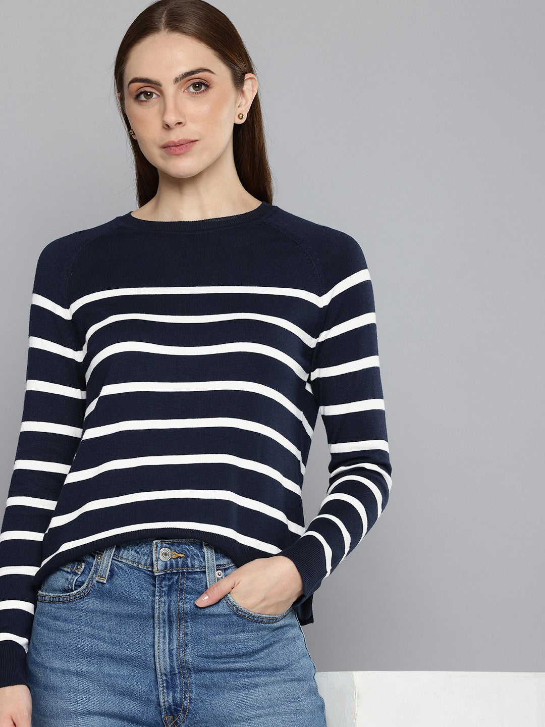 Women's Striped Navy Crew Neck Sweater - 1 View