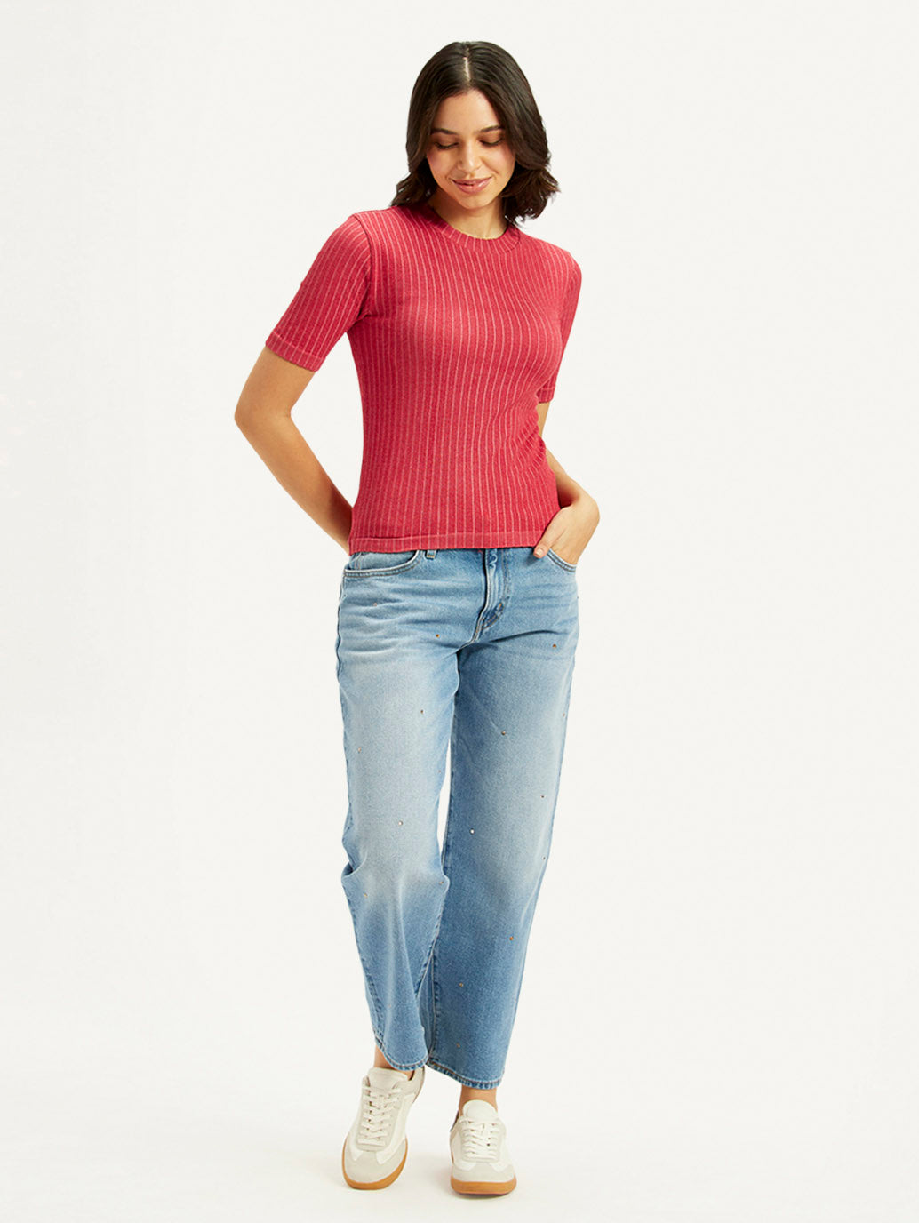 Women's Solid Red Crew Neck Top - Styleshot View