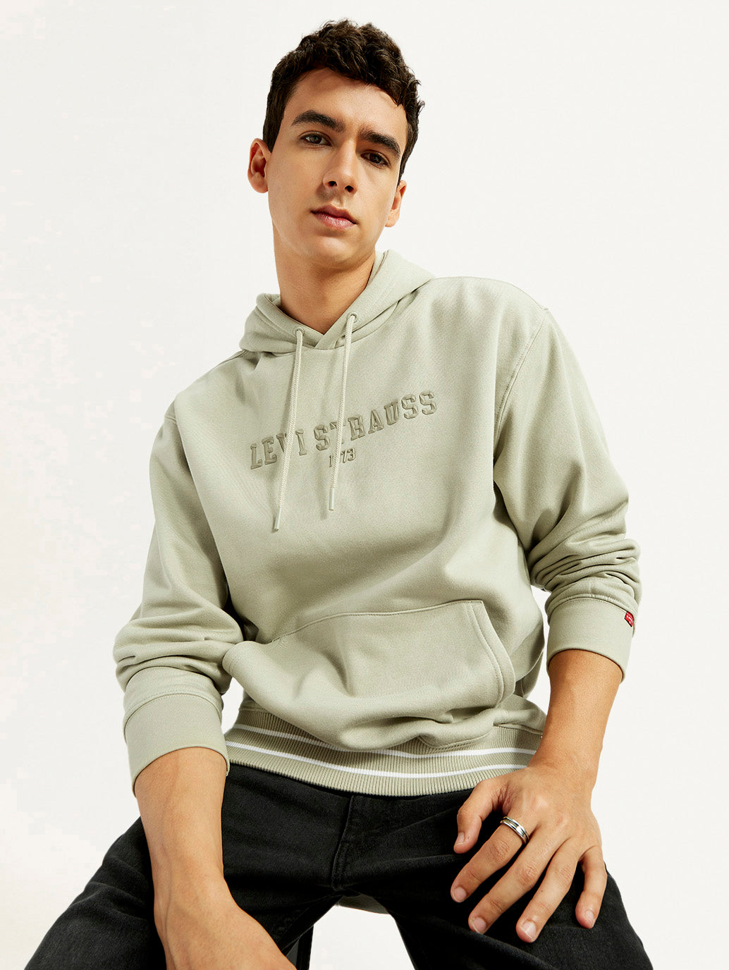 Men's Typography Beige Hooded Sweatshirt - Elevated View