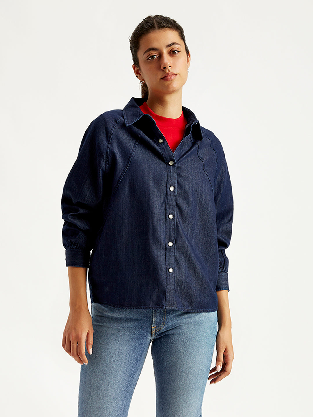 Women's Solid Regular Fit Denim Shirt - Front View