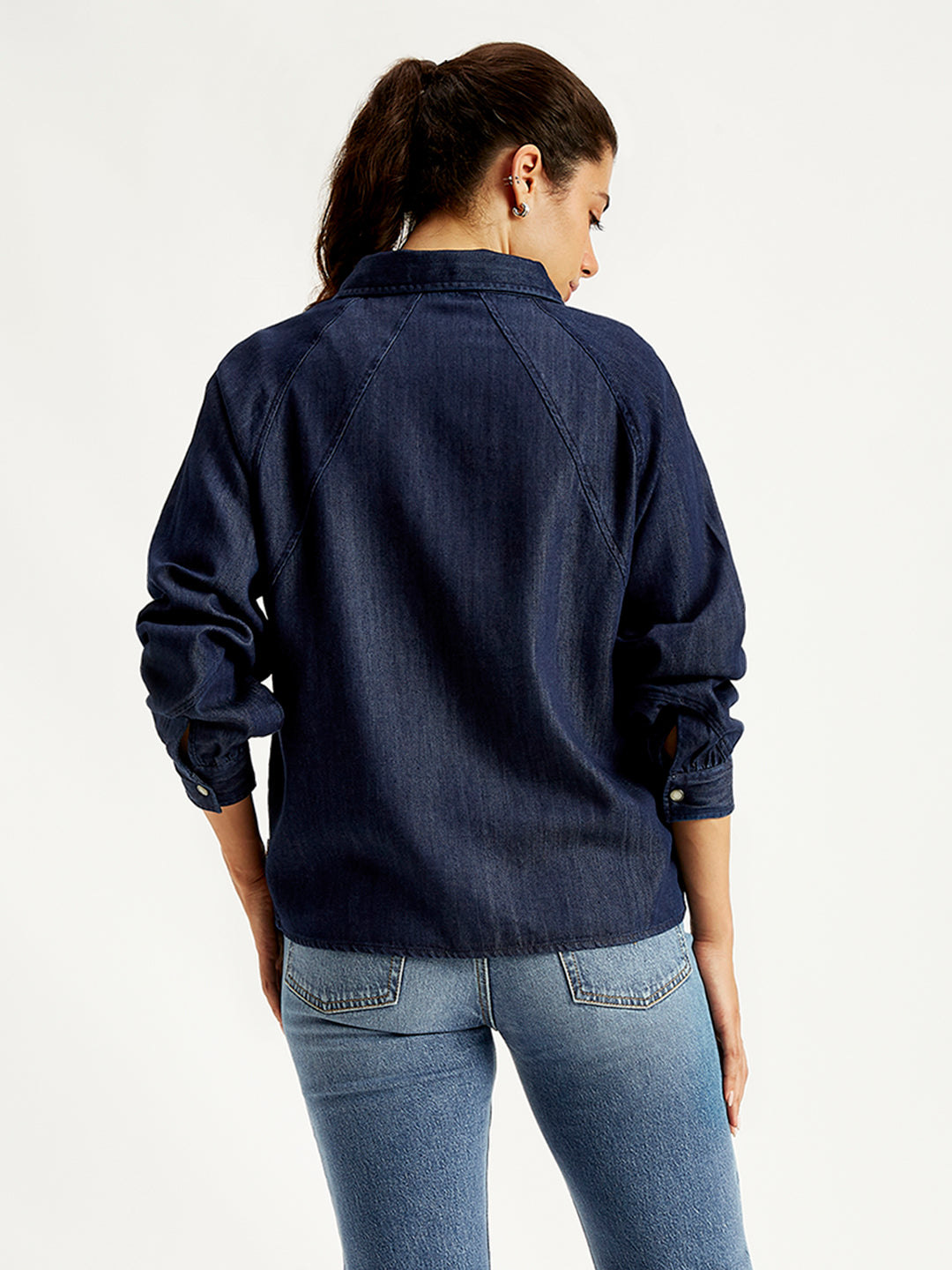 Women's Solid Regular Fit Denim Shirt - Back View