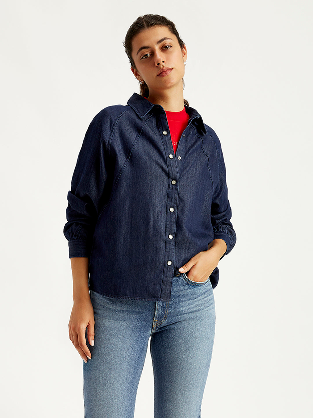 Women's Solid Regular Fit Denim Shirt - Styleshot View