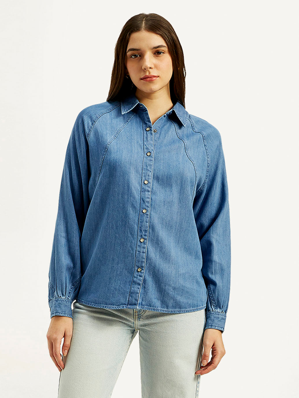 Women's Solid Spread Collar Denim Shirt - Front View