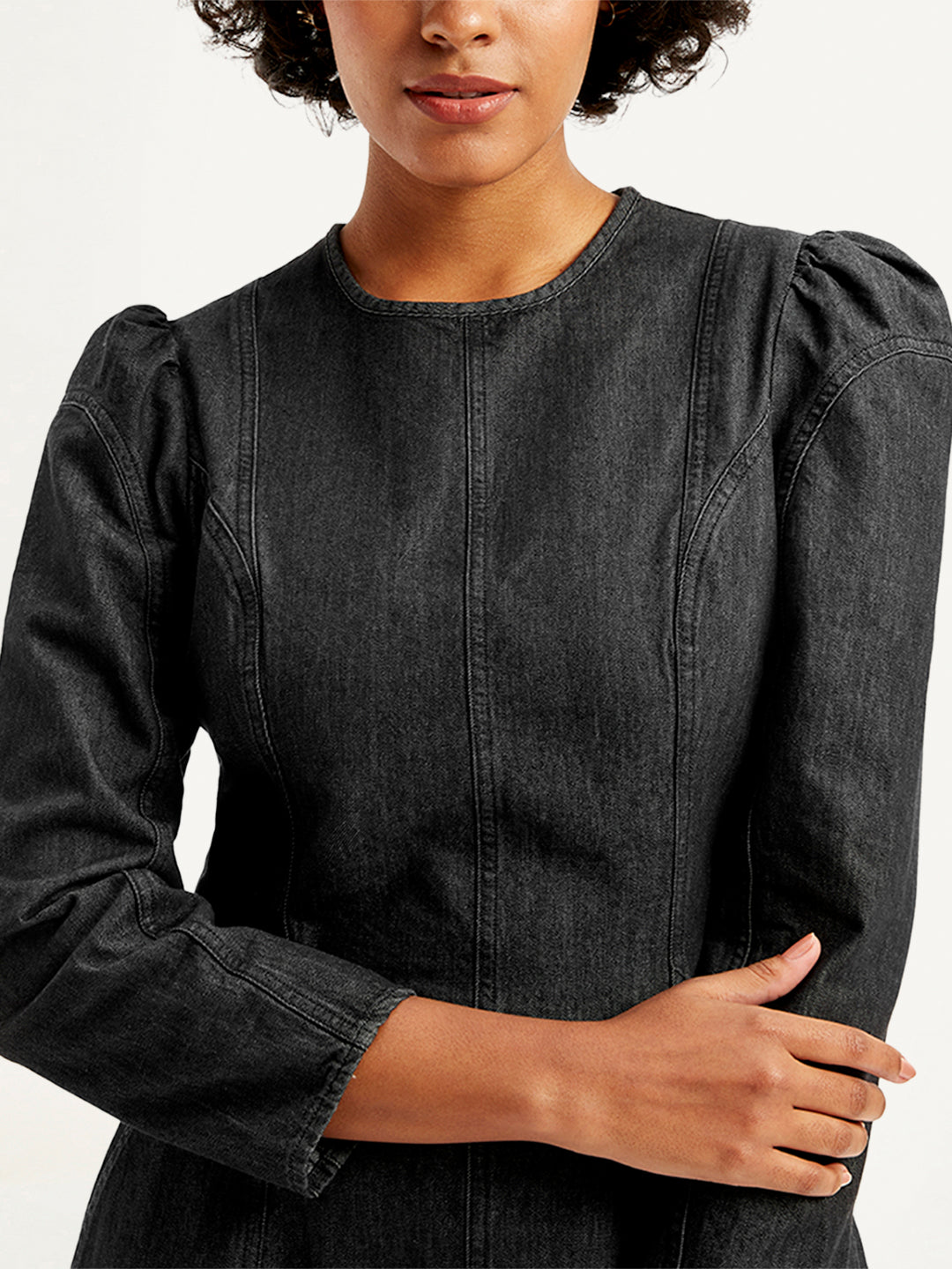 Women's Solid Black Round Neck Denim Dress - Detail View