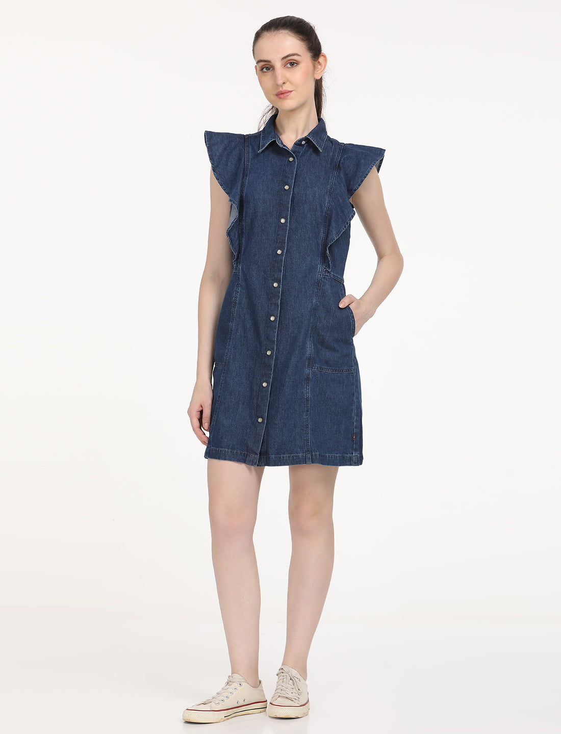 Women's Solid Blue Spread Collar Denim Dress - Front View