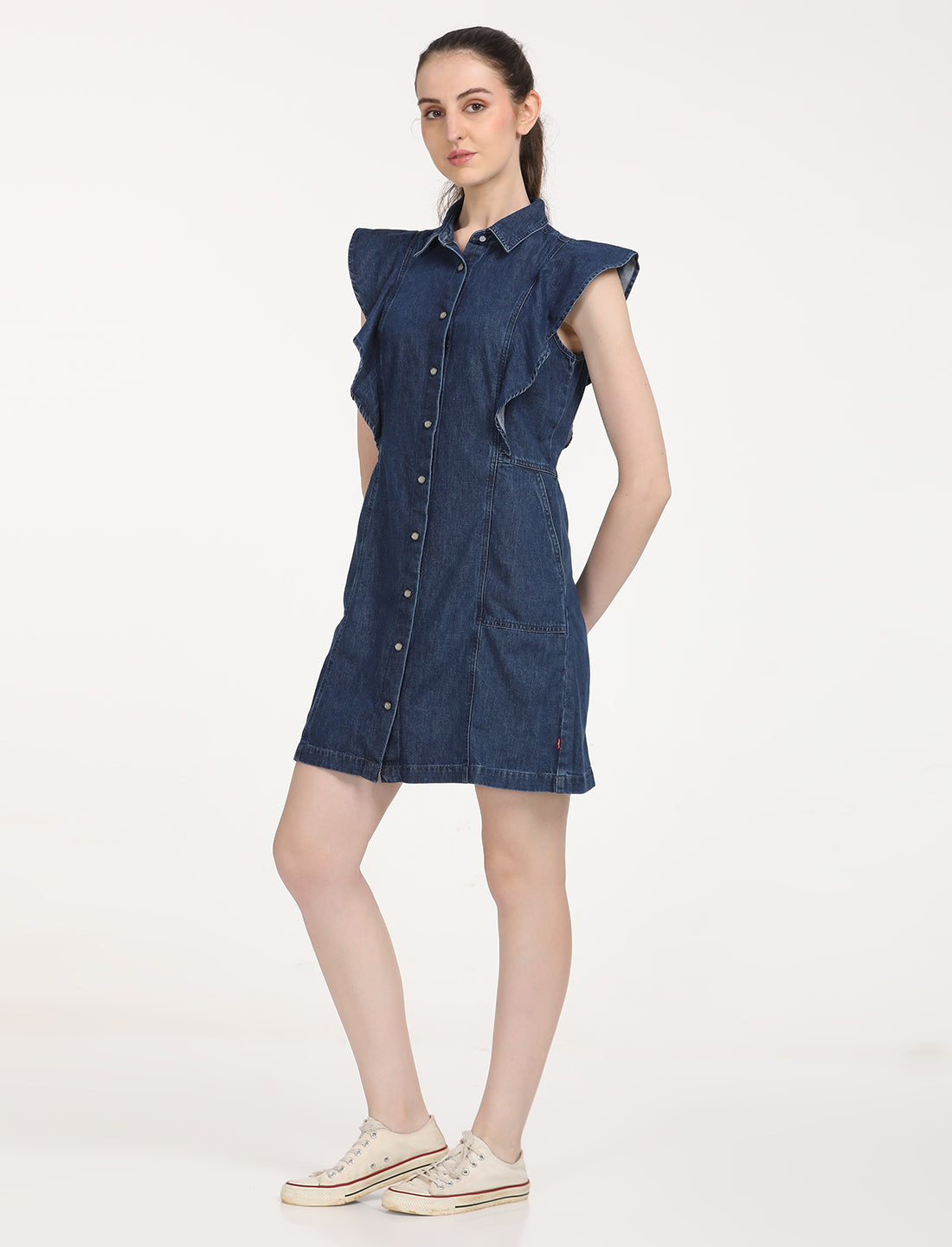 Women's Solid Blue Spread Collar Denim Dress - RightSide View
