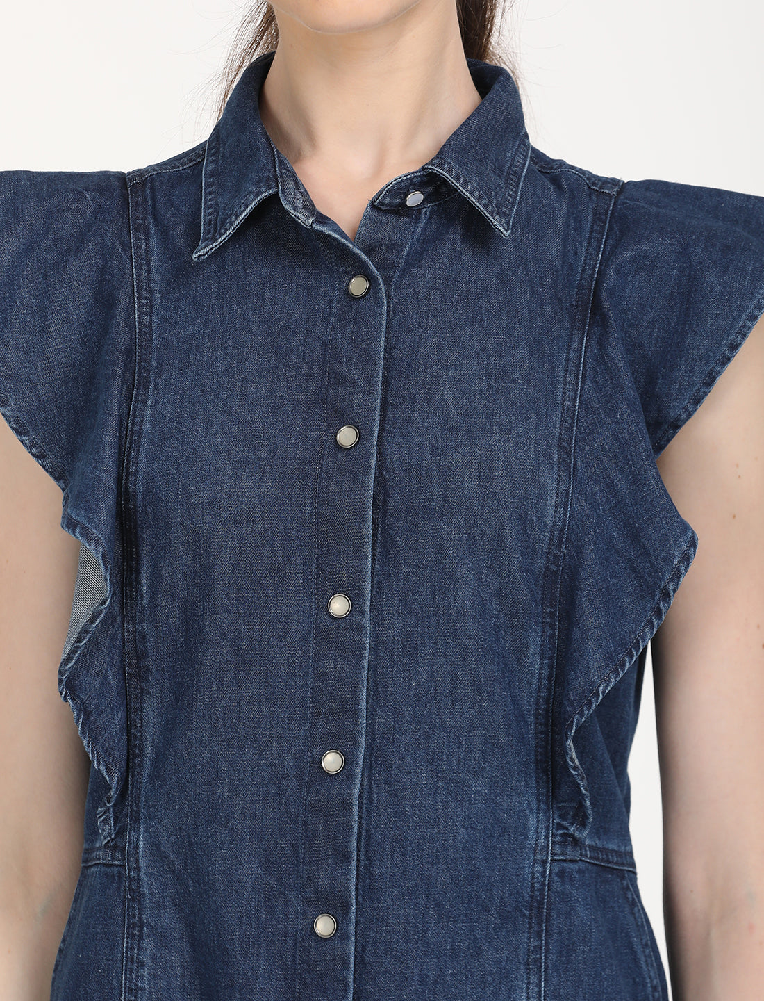 Women's Solid Blue Spread Collar Denim Dress - Detail View