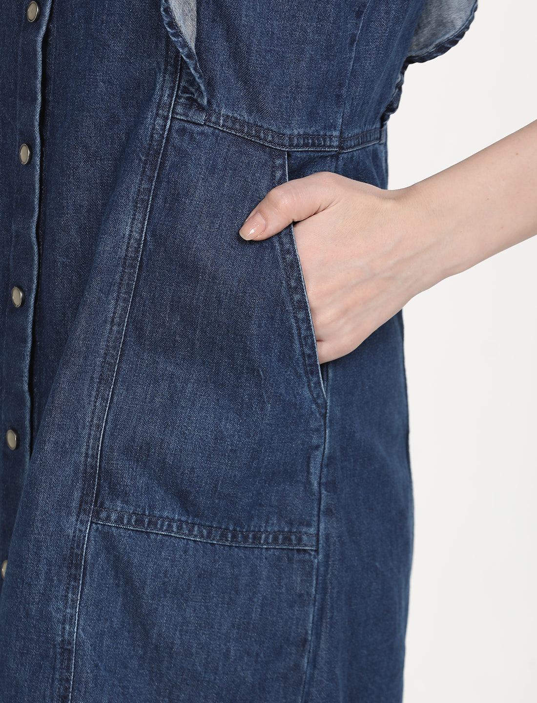 Women's Solid Blue Spread Collar Denim Dress - 6 View
