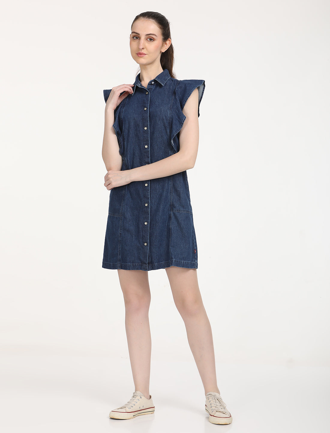 Women's Solid Blue Spread Collar Denim Dress - 7 View