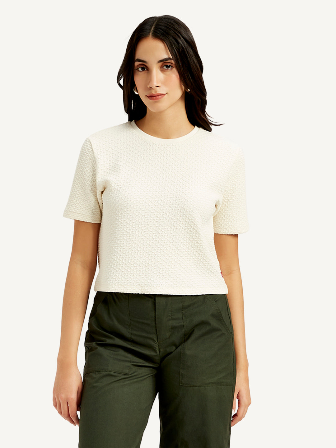 Women's Textured White Crew Neck Top - Front View