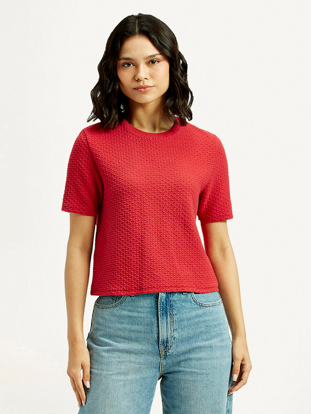 Women's Textured Red Crew Neck Top - Front View
