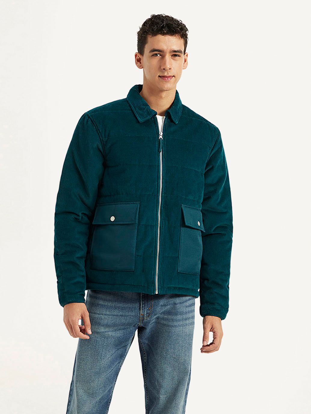 Men's Colorblock Green Spread Collar Jacket - Front View