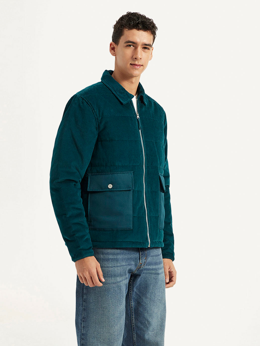 Men's Colorblock Green Spread Collar Jacket - Side View