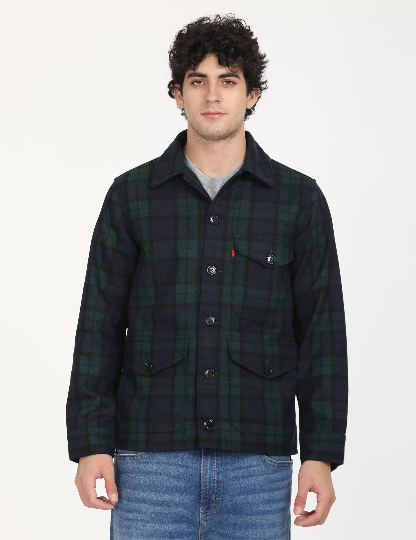 Men's Plaid Navy Spread Collar Shacket - Front View
