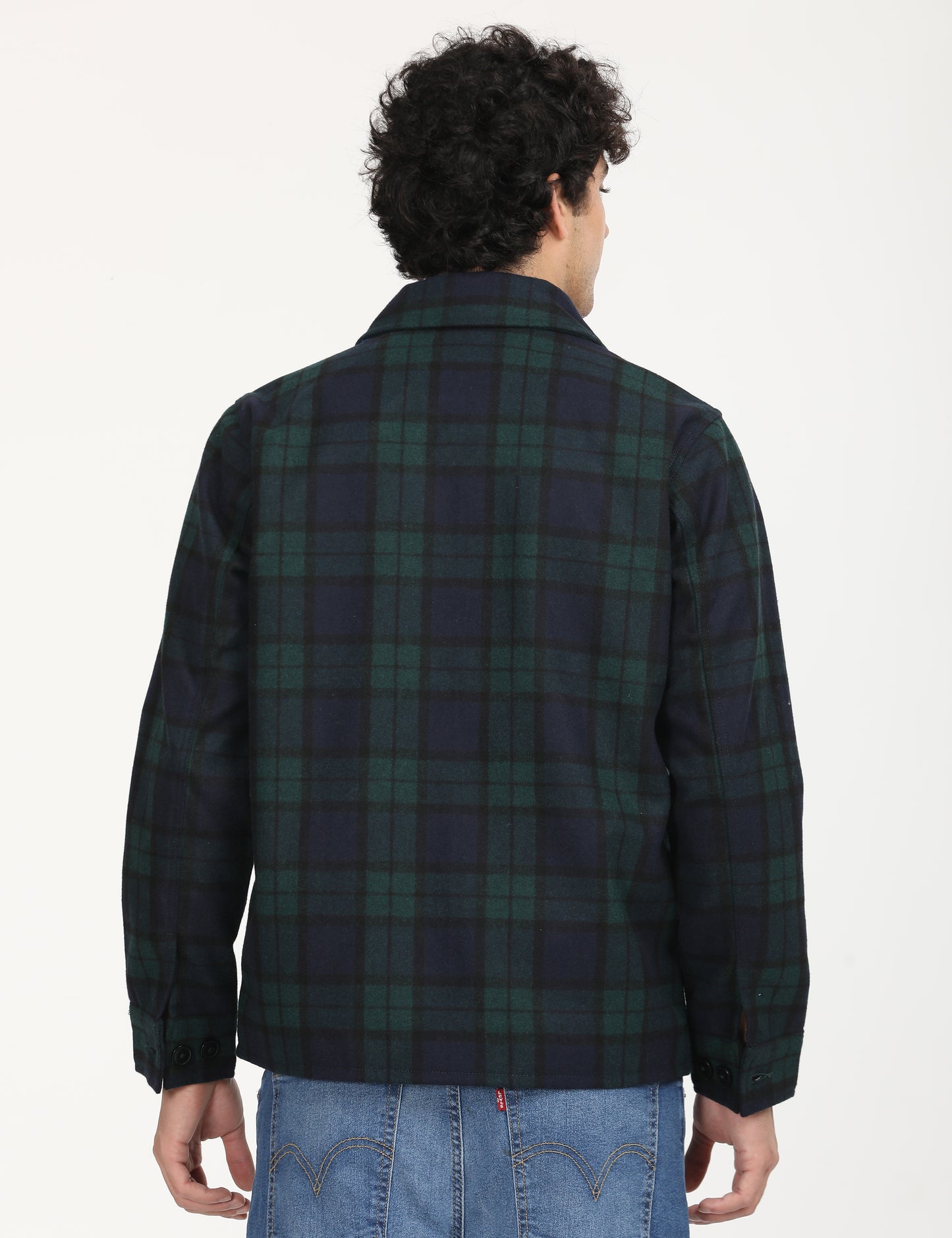 Men's Plaid Navy Spread Collar Shacket - Back View