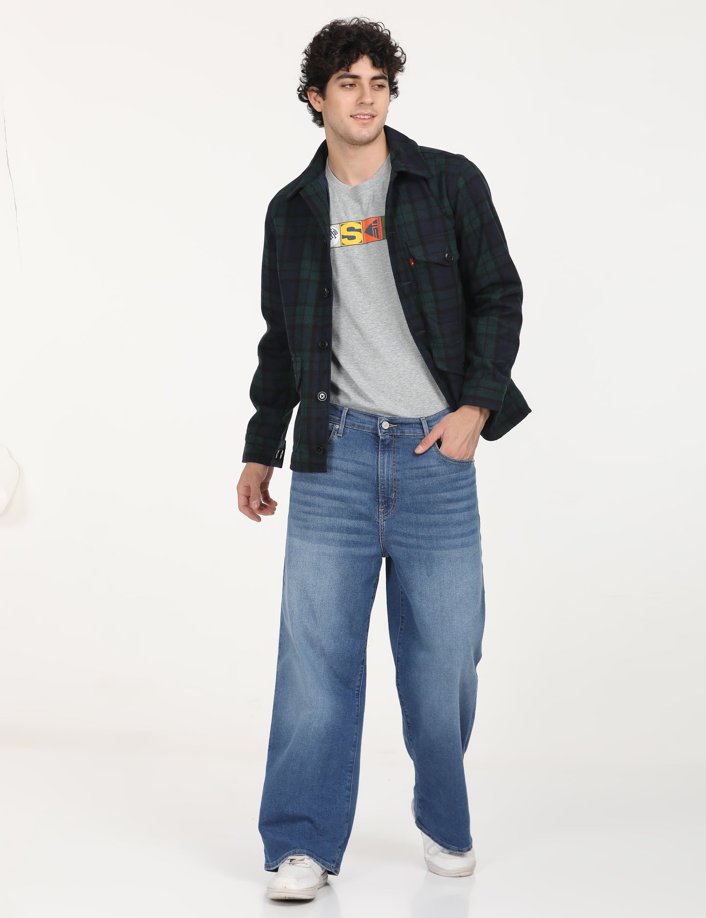 Men's Plaid Navy Spread Collar Shacket - lifestyle View