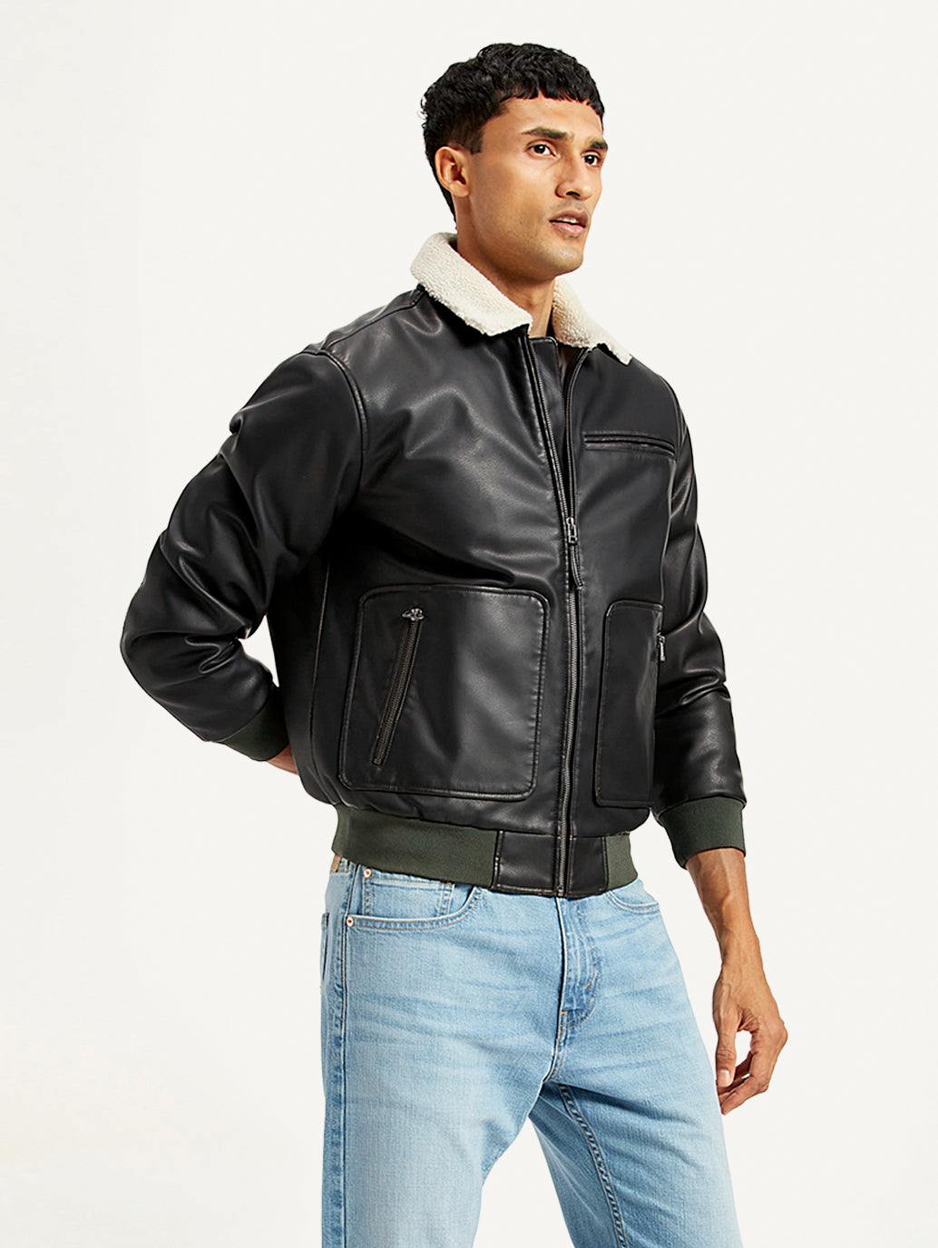 Men's Solid Dark Brown Spread Collar Leather Jacket - Side View