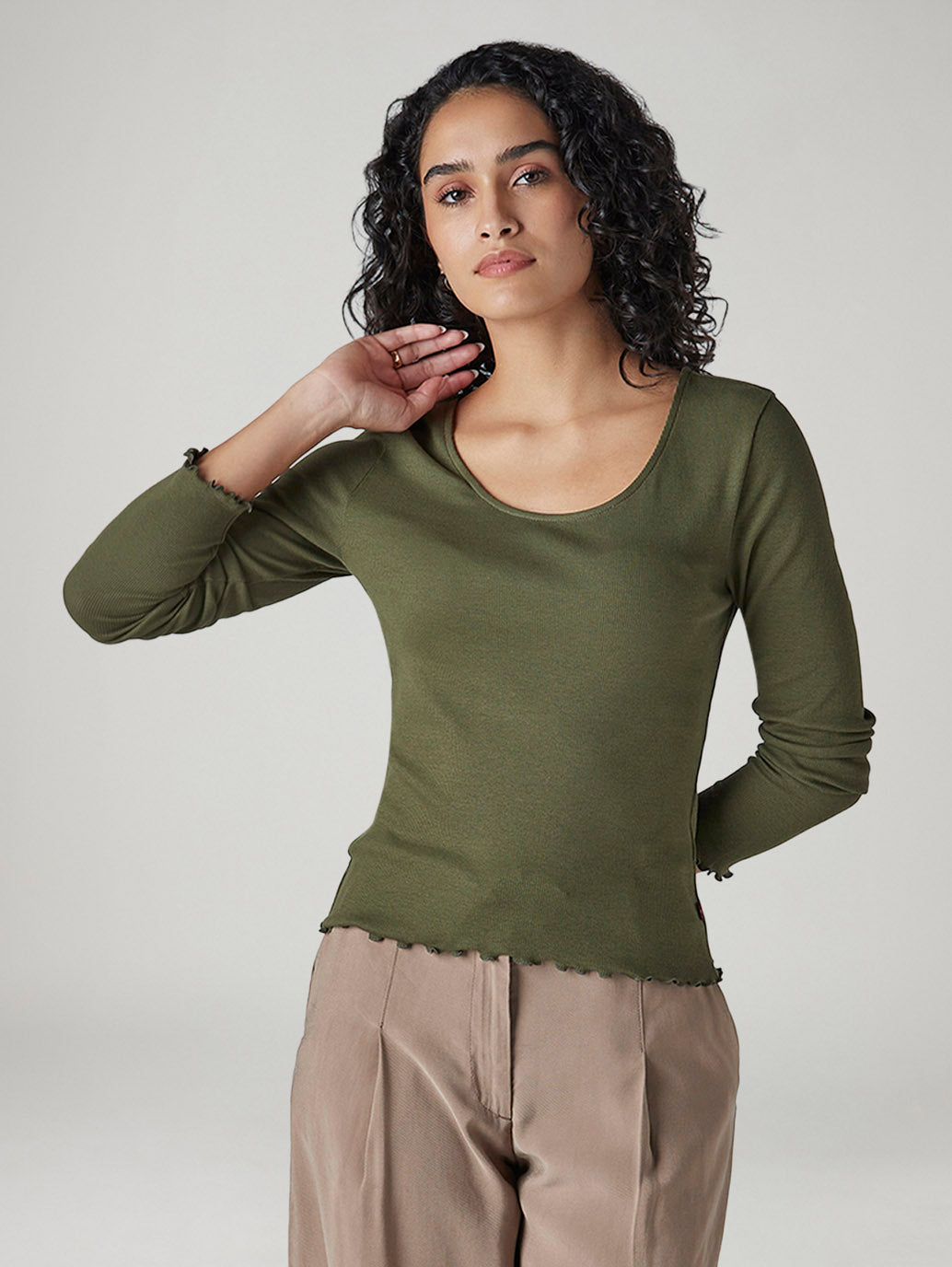 Women's Solid Olive Scoop Neck Ribbed Top