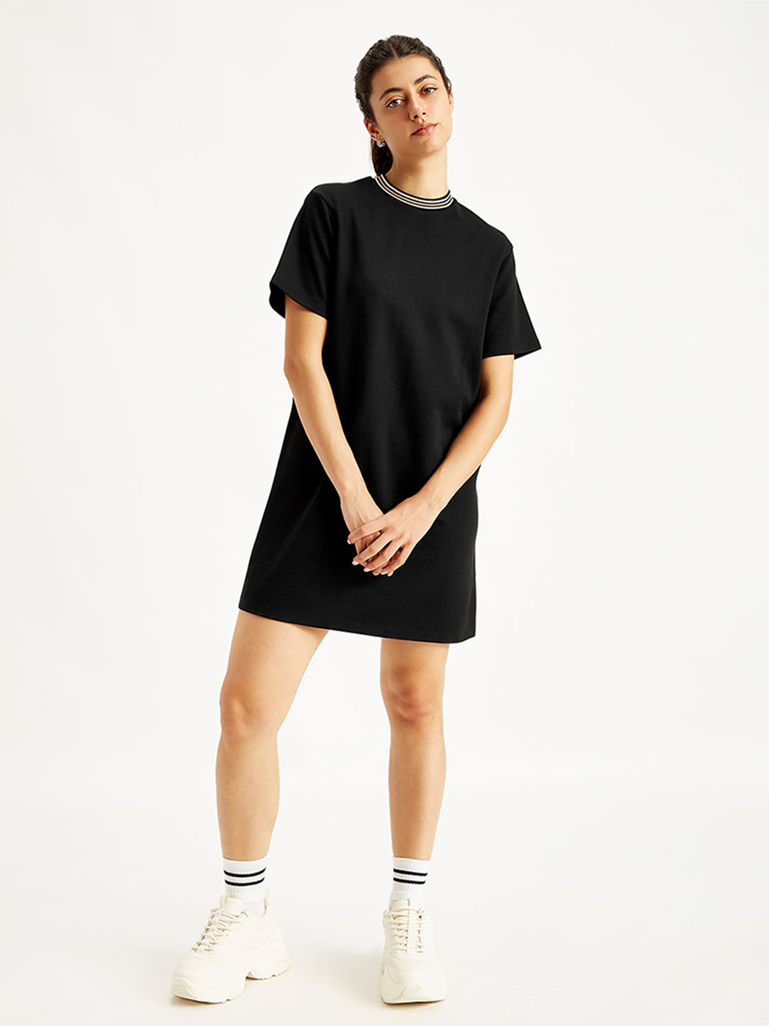 Women's Solid Black Crew Neck Dress - Front View