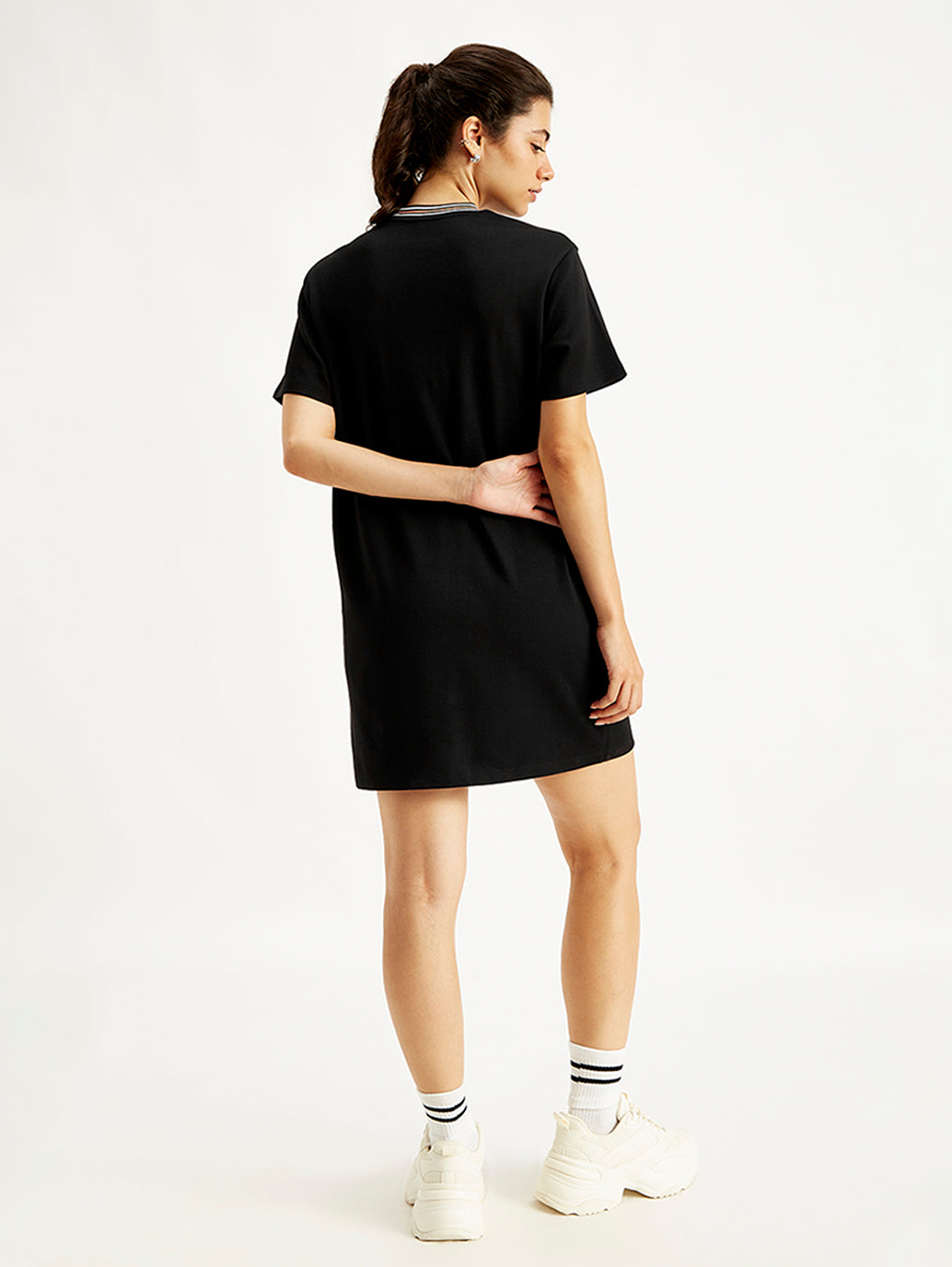 Women's Solid Black Crew Neck Dress - Back View