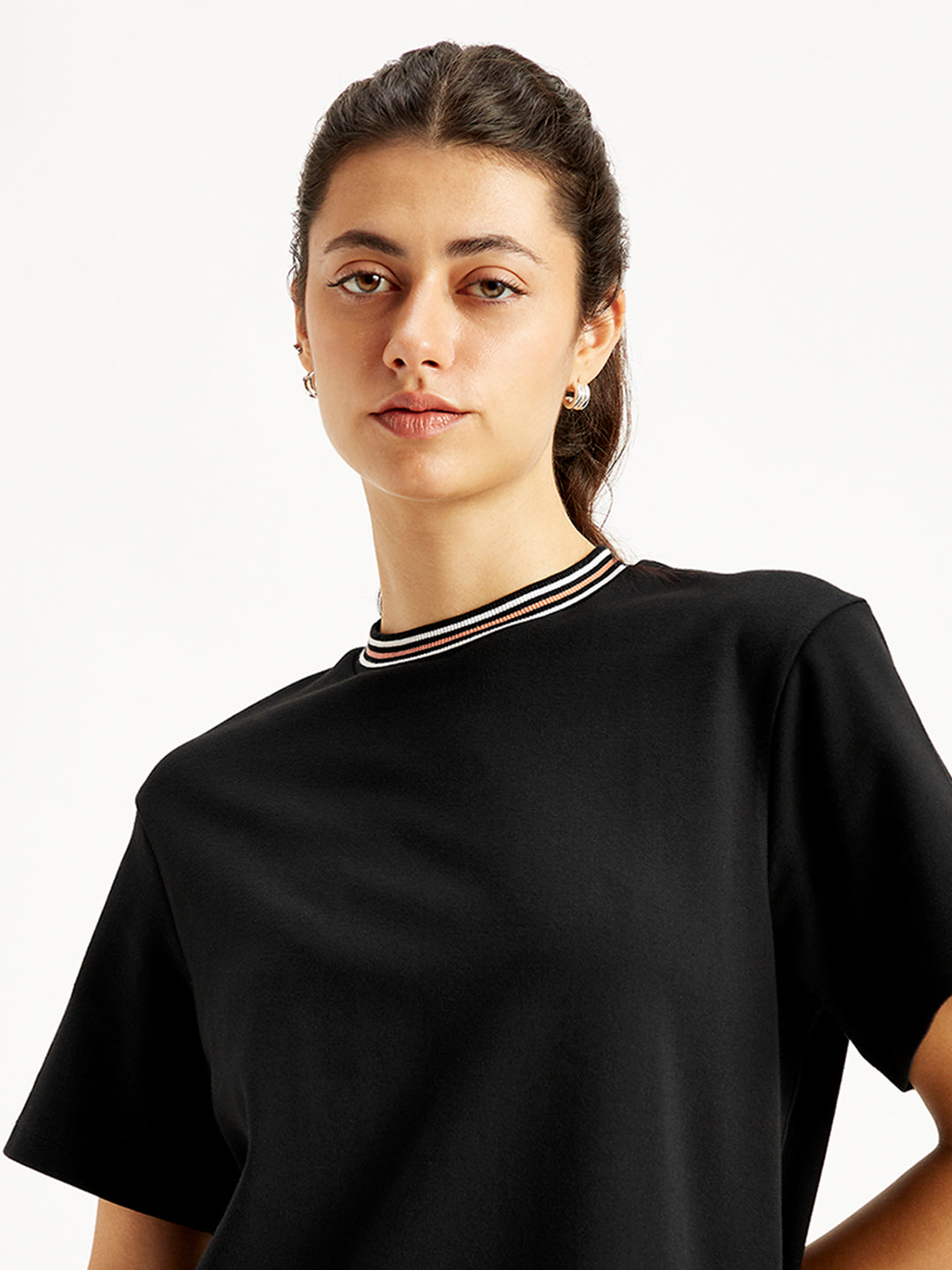 Women's Solid Black Crew Neck Dress - Detail View