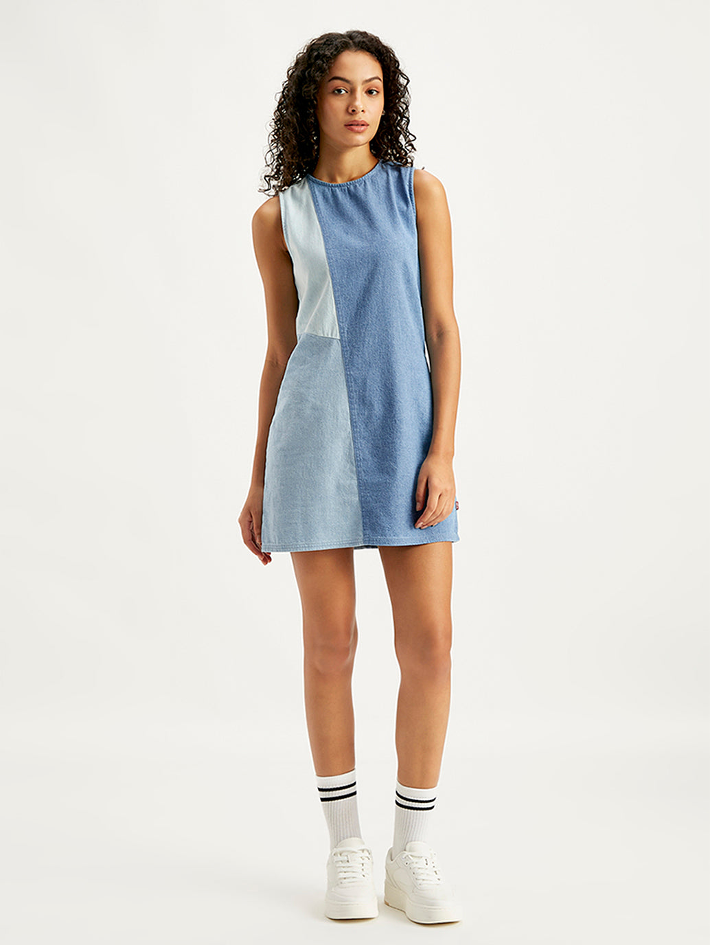 Women's Colorblock Blue Round Neck Mini Denim Dress - f8175ded-417f-40a7-8640-88bb1439dfb3 View