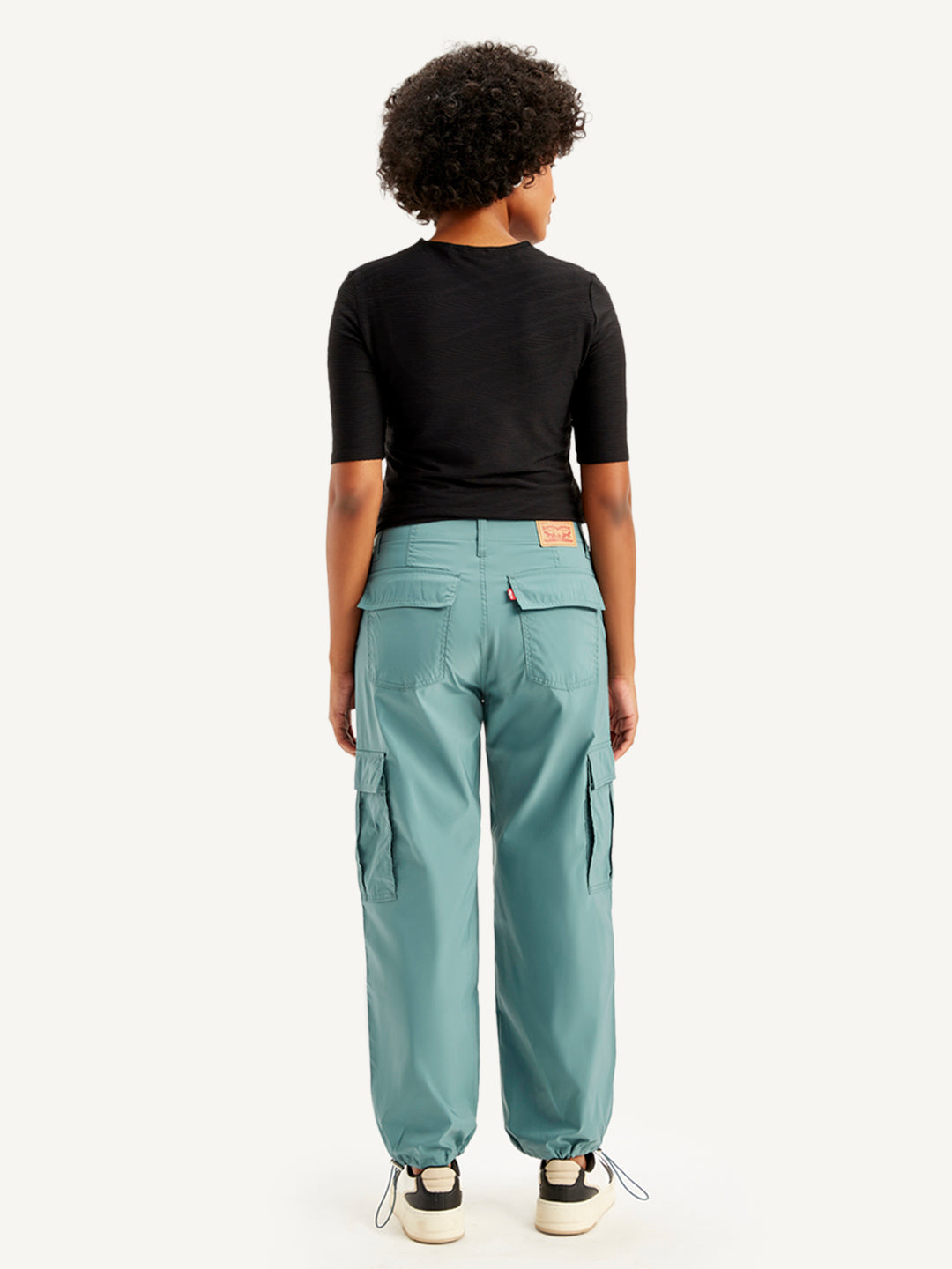 Women's Mid Rise Green Baggy Fit Cargo Trousers - Back View