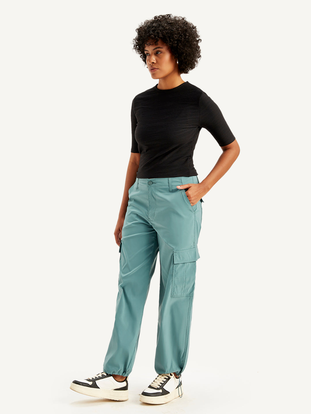 Women's Mid Rise Green Baggy Fit Cargo Trousers - Side View