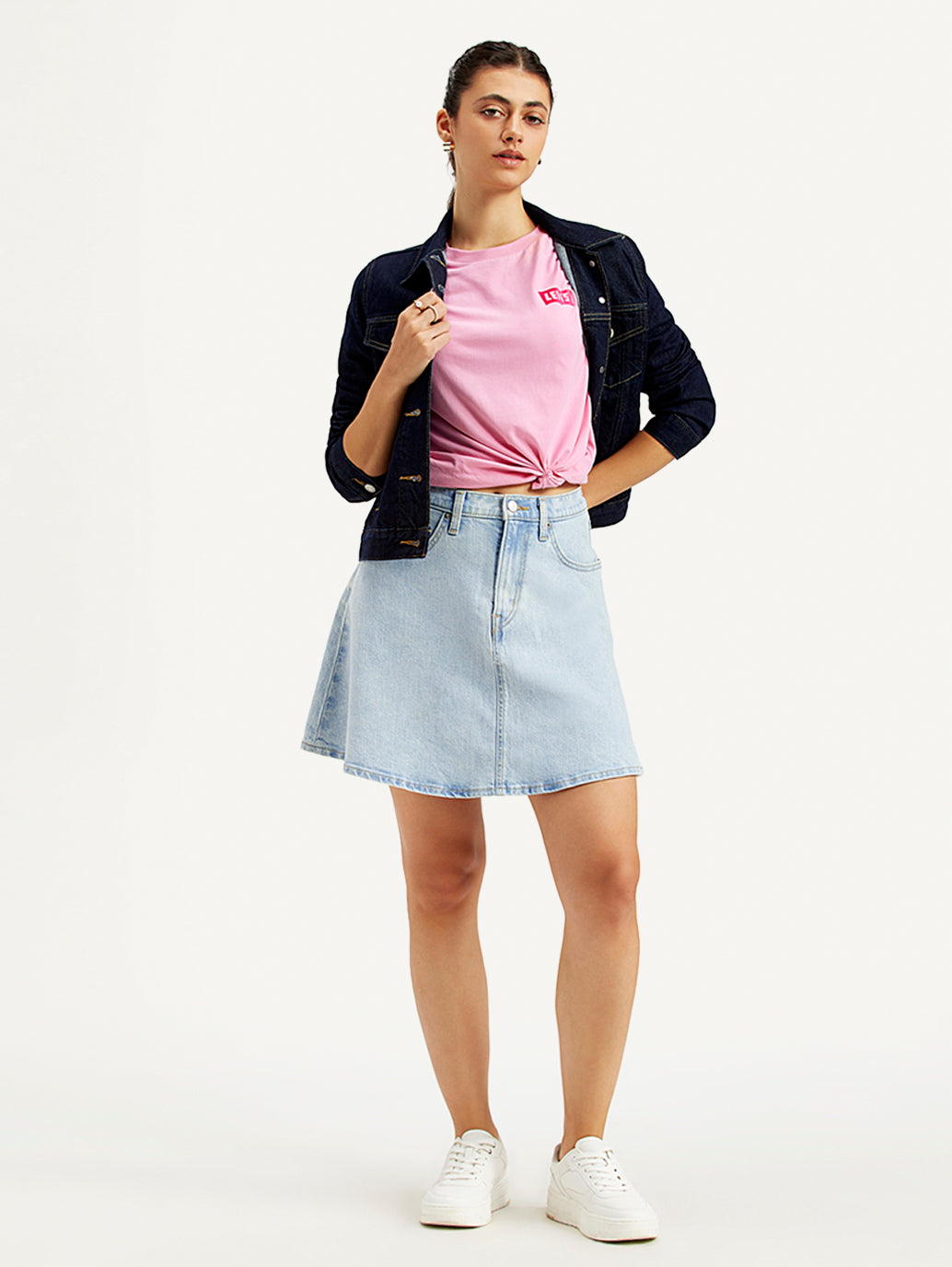 Women's Mid Rise Light Blue Line Denim Skirt - Styleshot View