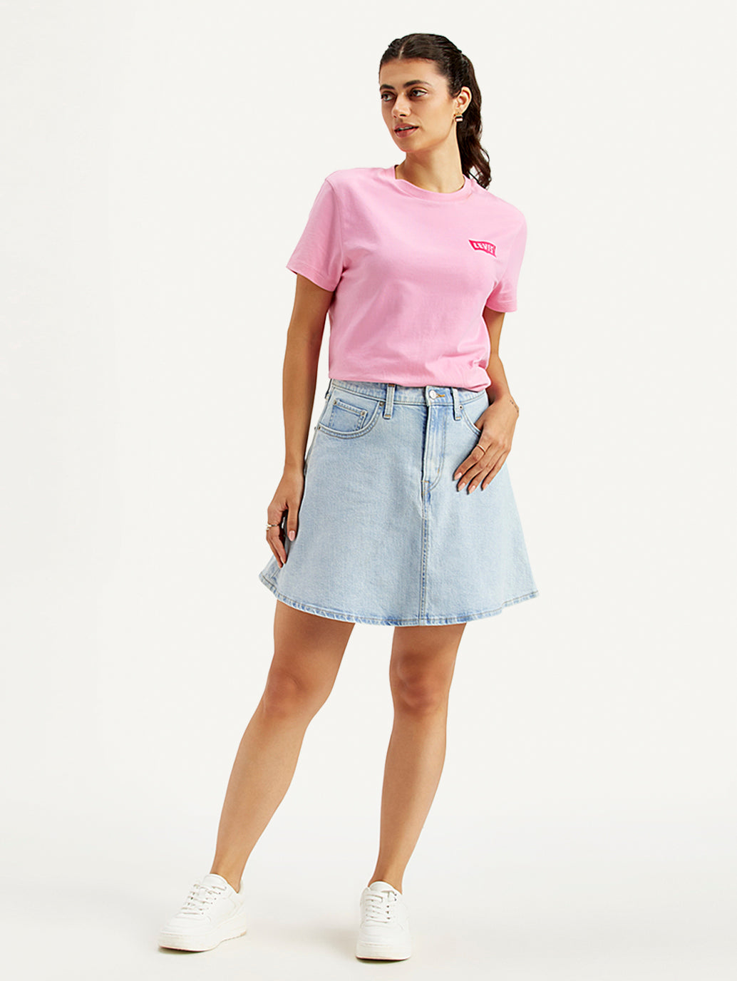 Women's Mid Rise Light Blue Line Denim Skirt - Front View