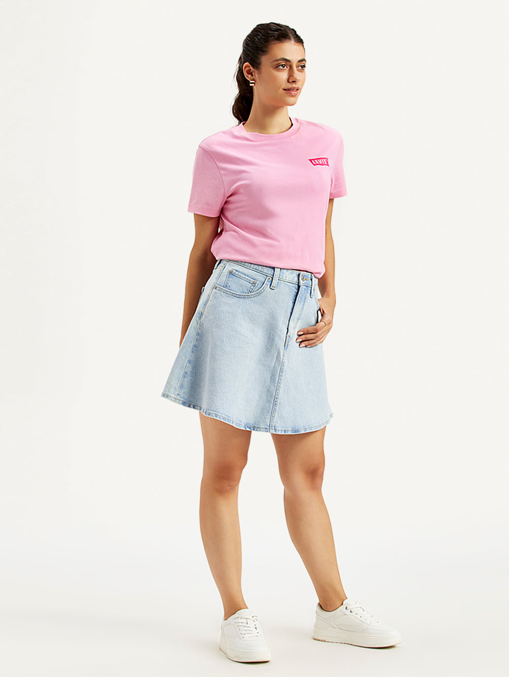 Women's Mid Rise Light Blue Line Denim Skirt - Side View