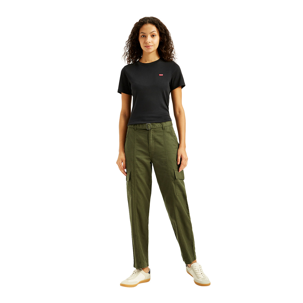 Women's Mid Rise Olive Regular Fit Cargo Trousers - Front View
