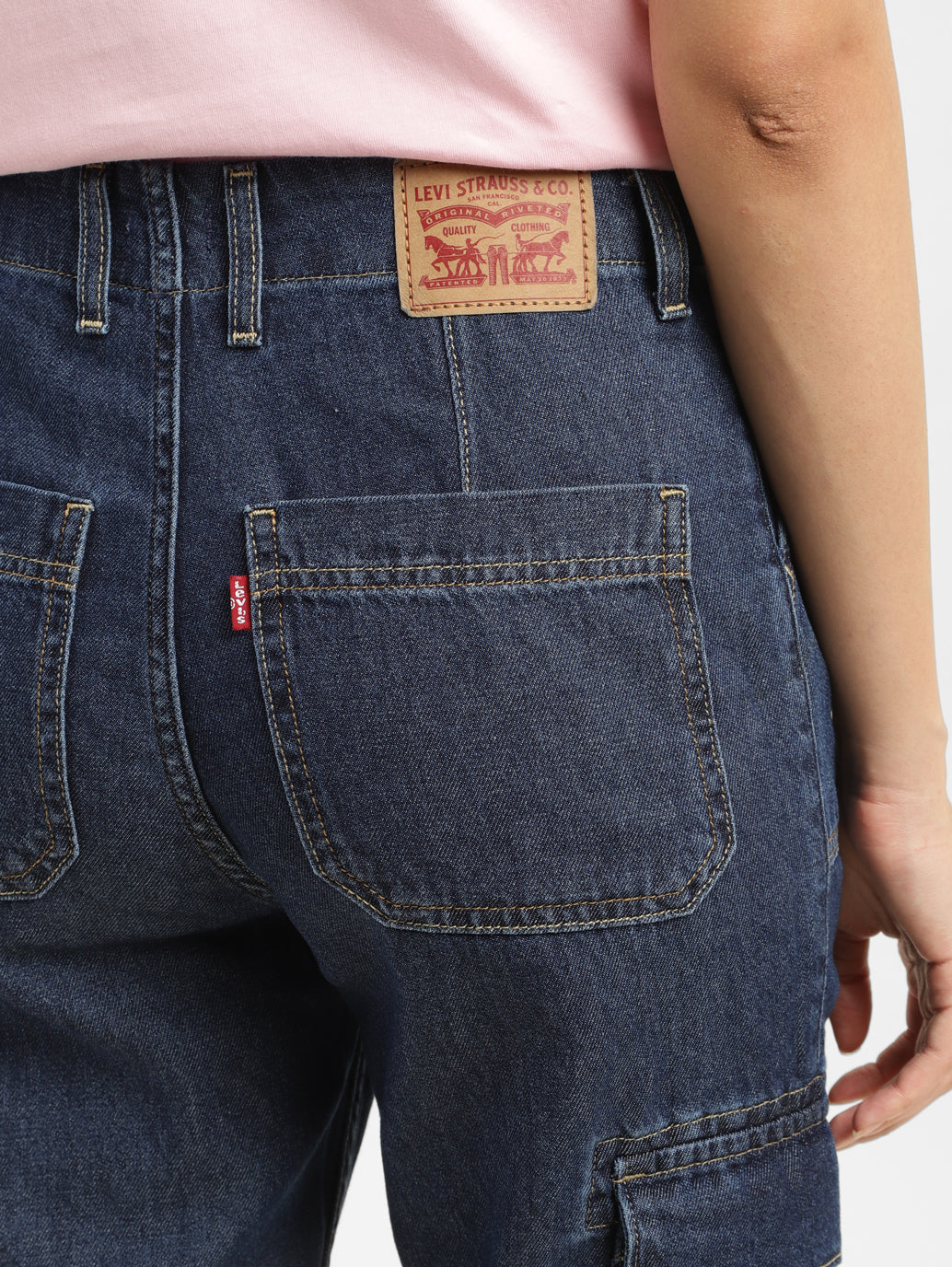 Women's Mid Rise Navy Cargo Jeans - BackDetails View