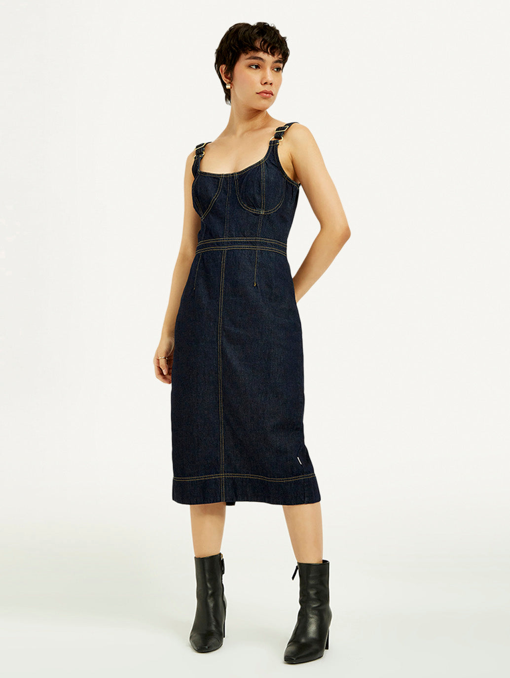 Women's Solid Indigo Scoop Neck Dress - Elevated View