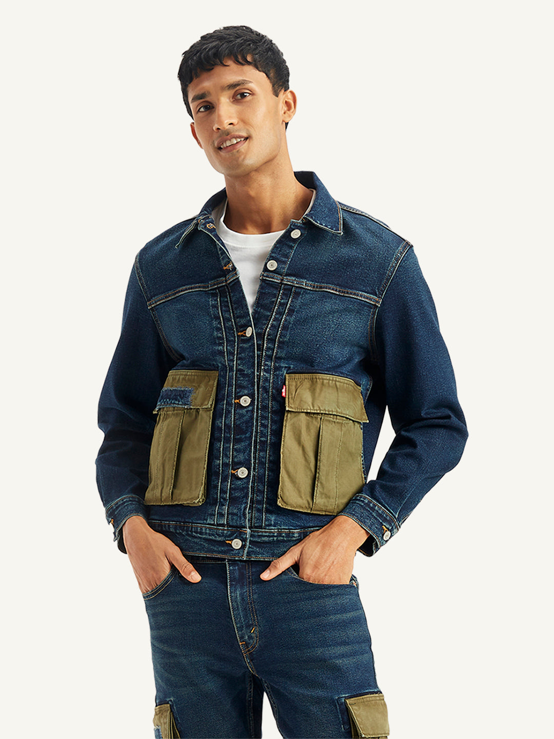 Men's Colorblock Navy Spread Collar Denim Jacket - Front View