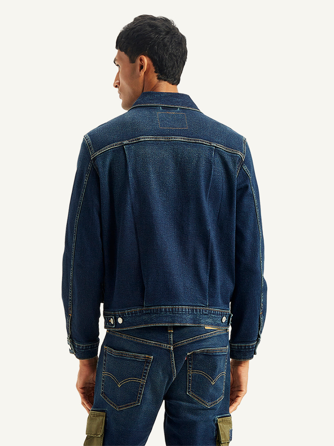 Men's Colorblock Navy Spread Collar Denim Jacket - Back View