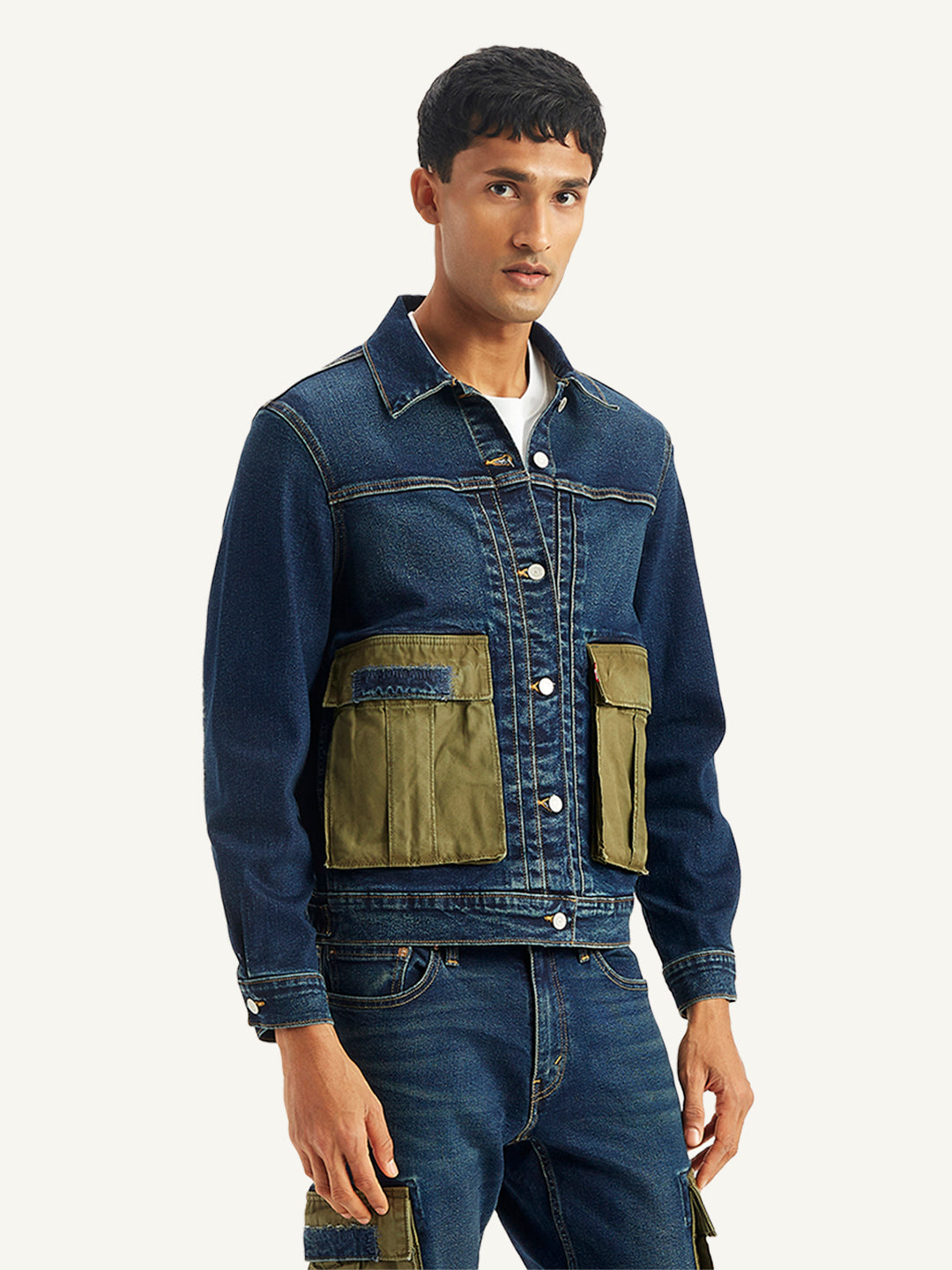 Men's Colorblock Navy Spread Collar Denim Jacket - Side View
