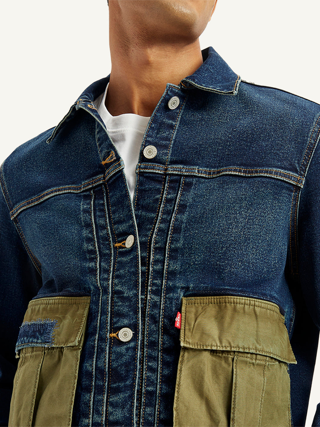 Men's Colorblock Navy Spread Collar Denim Jacket - Detail View