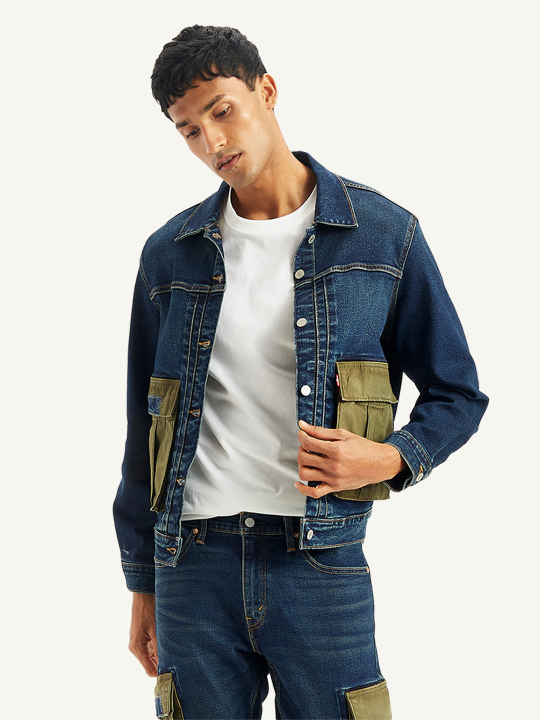 Men's Colorblock Navy Spread Collar Denim Jacket - Styleshot View