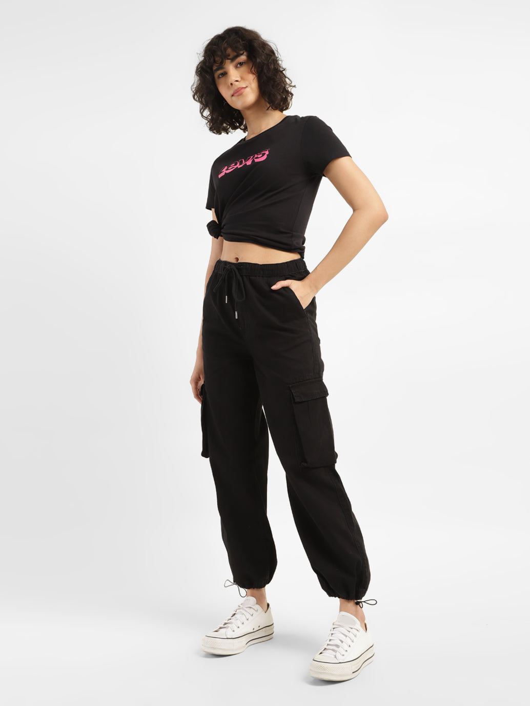 Women's Black Relaxed Fit High Rise Cargo Jogger - StyleShot View