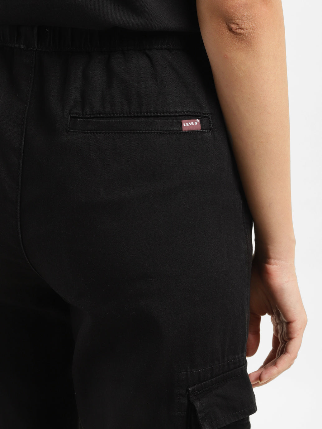 Women's Black Relaxed Fit High Rise Cargo Jogger - BackDetails View